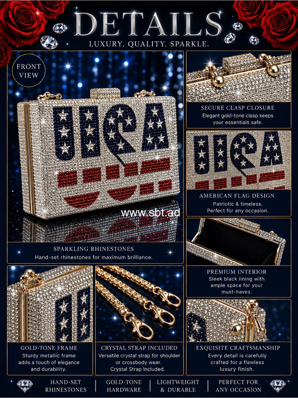 NWT Beautiful Sparkling Bling Swarovski Crystal American Flag Clutch Pur… - Picture 3 of 16
